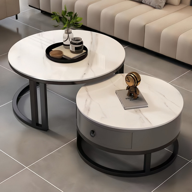 대리석 거실 테이블 70CM-50CM 레일 서랍형 소파 테이블, 화이트 블랙 70CM+50CM