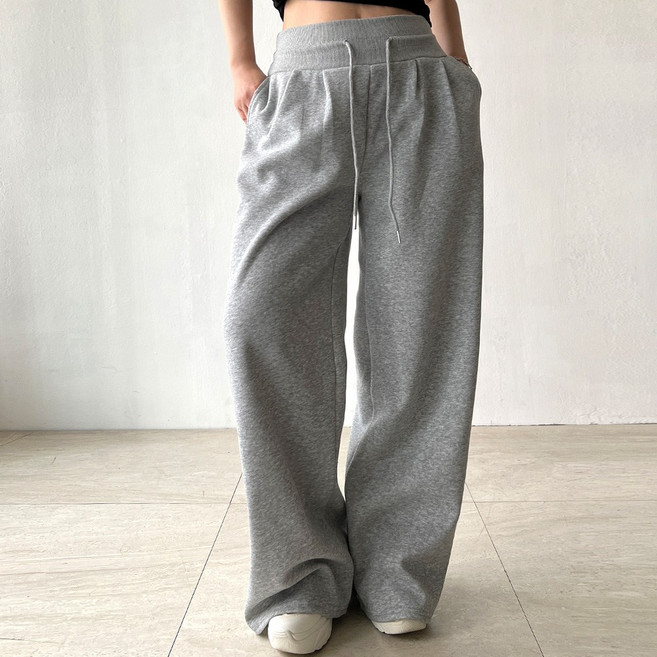 네모엔룩 와이드밴딩 여성용 로우라이즈 핀턱 허리골반선 시보리밴딩 스트링 루즈핏 와이드 트레이닝 밴딩 팬츠