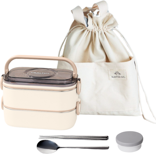 루이나인 스텐 보온 도시락통 전자레인지 가방 세트, 1세트, 베이지 2단