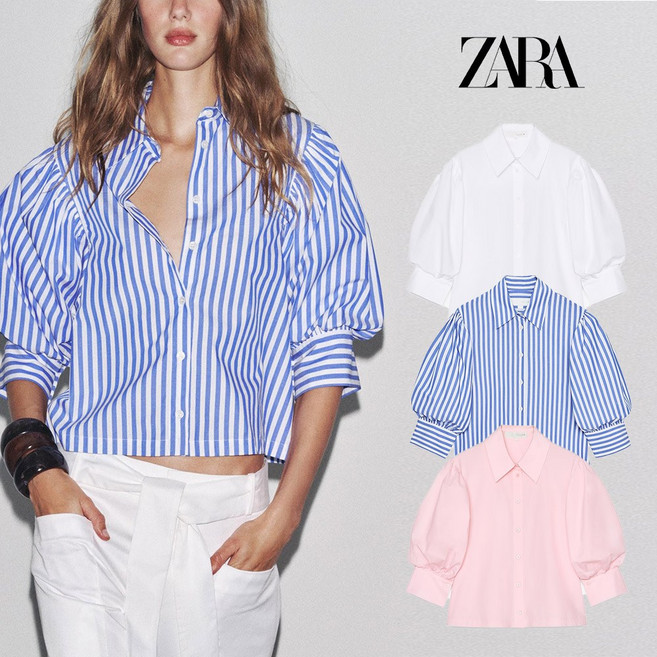 자라 ZARA 여성 셔츠 반팔 포플린 ZW컬렉션 반소매 스트라이프 블루 화이트 로즈