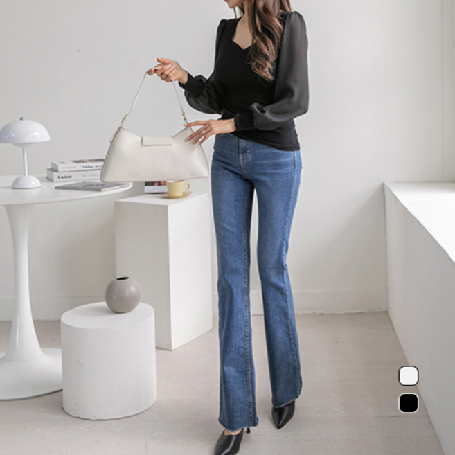 [나크21] 여성용 긴팔 시스루 셔링소매 쉬폰 배색 펜타곤넥 블라우스 DM31-T-87