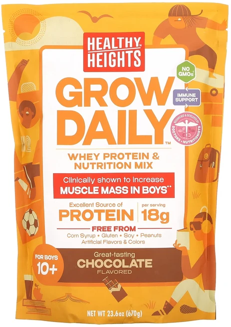 몸관리하세요 겨울입니다 Healthy Heights 그로우 데일리 유청 단백질 및 영양 믹스 만 10세 이상 남아용 초콜릿 맛 670g(23.6oz) 특별관리진행, HealthyHeights그로우데일리유청단백질및영양믹스, 670g, 1개 - 쿠팡