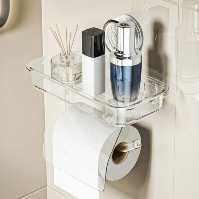 탈부착가능 허니앤코 강력흡착식 무타공 선반 거치대형 화장실 휴지걸이, 1개, 투명