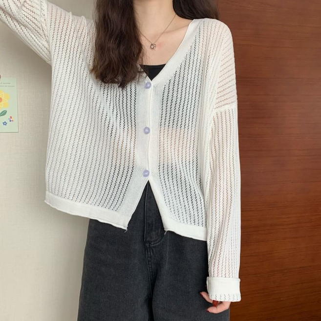 Makone 여성 V넥 솔리드 펀칭 심플 니 가디건 루즈핏 자외선 차단 긴팔 상의