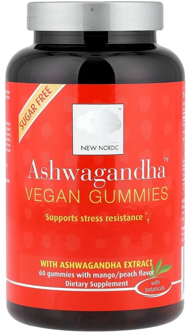 뉴노르딕US 아슈와간다 비건 구미젤리 망고 및 복숭아 구미젤리 60개, 1개, 60회분 - 쿠팡