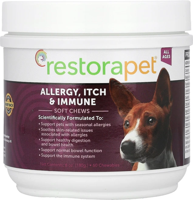 RestoraPet Allergy 가려움 & 면역력 강화 소프트츄 반려견용 모든 연령 츄어블 60정 180g(6oz), RestoraPetAllergy가려움면역력강화소프트츄반, 1개 - 쿠팡