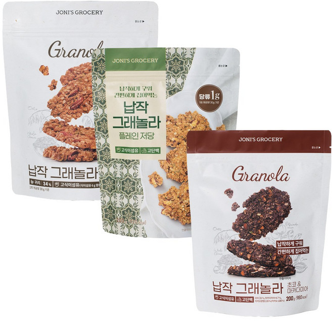 [3가지 맛] 조니스그로서리 납작 저당 그래놀라 3가지 맛 무가당 저가당 쿠키 간식 무설탕 통곡물 그레놀라, 3개, 200g