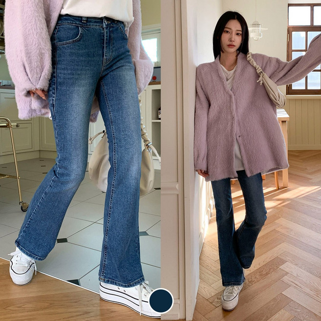 올데이진 투버튼 세미부츠컷 데님팬츠 중청 하이웨스트 청바지