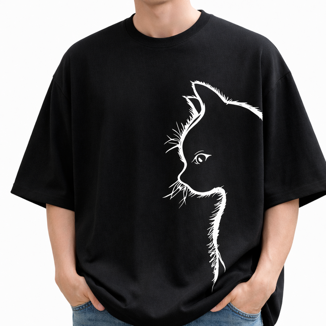 블랙초코 편안한 남여공용 고양이 반팔 티셔츠 프린팅 박스티 빅사이즈 오버핏