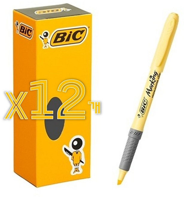 BiC 발색이 잘 안 되는 고품질 수성 형광펜 Marking Highlighter GRIP (엘로우) X12ea / BRIGRIP12YLW