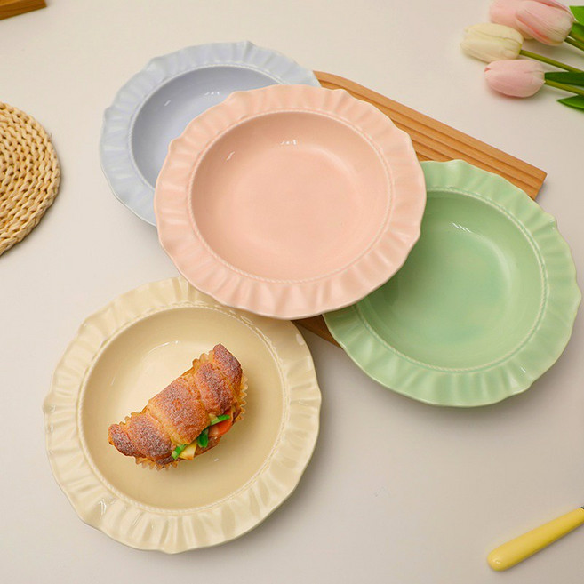 BLOWFISHFUGU 4색 심플 접시 예쁜 파스타접시 21.5CM 홈식기 세트, 베이지색+분홍색+퍼플+녹색, 쟁반, 1세트