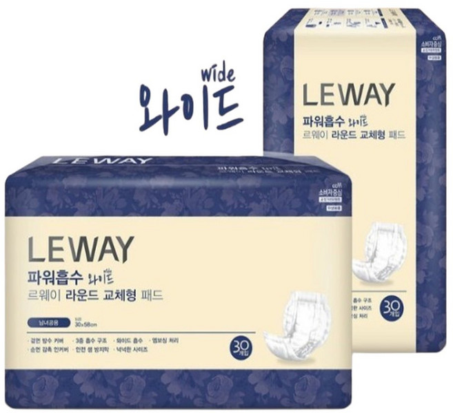 르웨이 라운드 교체형 성인용 패드 와이드, 30개입, 6개