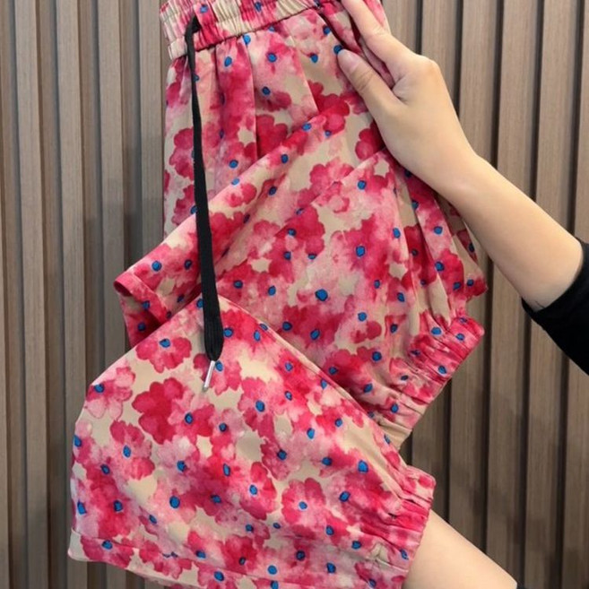 꽃무늬 바지 여성 여름 팬츠 얇은 시원한 바지 패션 캐주얼 루즈핏 배기 벌룬 바지 밴딩 플라워 휴양지 여성 조거 팬츠