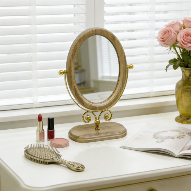 탁상 거울 스탠드 앤티크 침실 탁상 거울 원목 화장 거울 가정용 탁상 나무 중국식 거울 세련된 화장 거울 탁상 거울, 2.라일락+금색