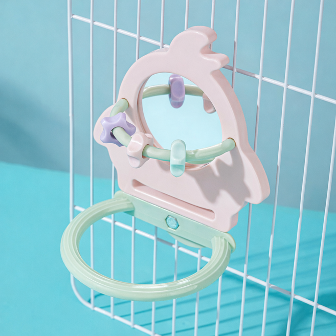 랜보어 앵무새 버드 거울 장난감 스탠드횃대, 1개, 핑크