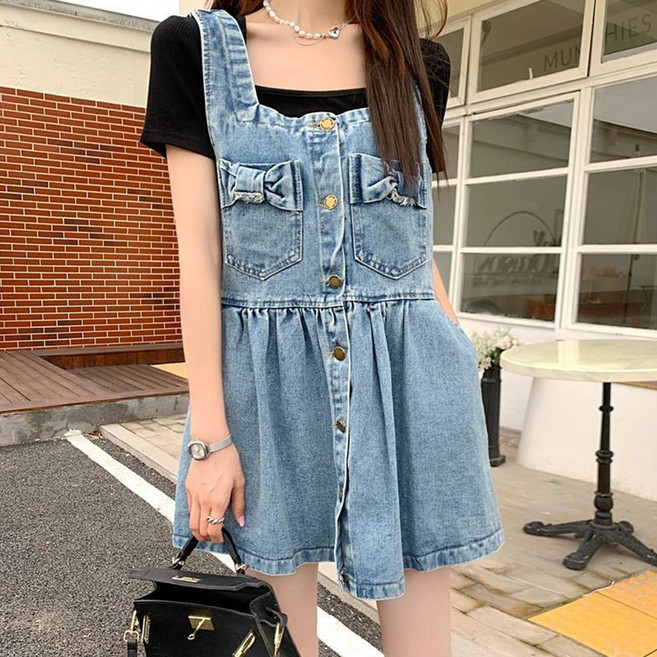TIRA 여성 데님 뷔스티에 버튼 장식 캐주얼 미니 원피스 배색 레이어드 심플 스타일