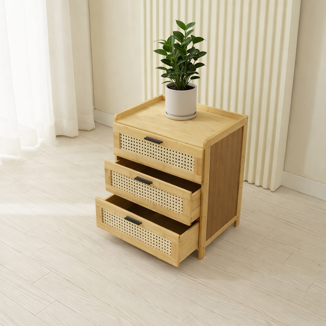 플로바움 우븐 원목 서랍장 라탄스타일 DIY협탁, 네추럴(9101), 3단