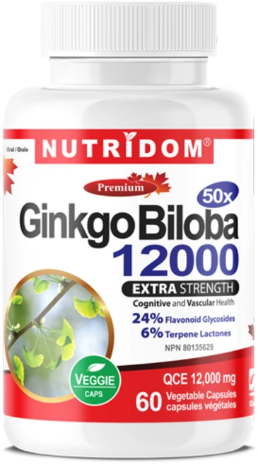 뉴트리돔 징코 빌로바 12000 50배고농축 은행잎추출물 은행잎진액 은행잎액기스 Ginkgo Biloba 60베지캡슐 캐나다 직구, 1개, 60정 - 쿠팡