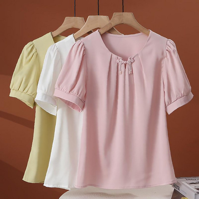 ROYALBELLE 여성 브이넥 반팔 루즈핏 리본 장식 퍼프소매 심플 티셔츠 K0031019