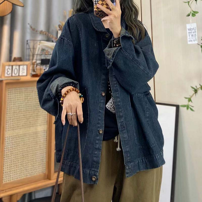 AOKADA 여성 봄 가을 오버핏 데님 셔츠 캐주얼 청남방 아우터