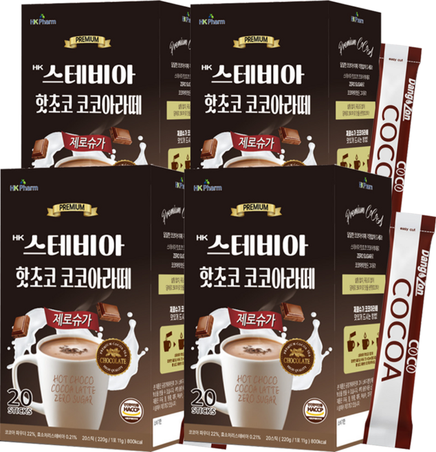 HK 스테비아 제로슈가 핫초코 코코아 라떼, 4개, 20개입, 220g