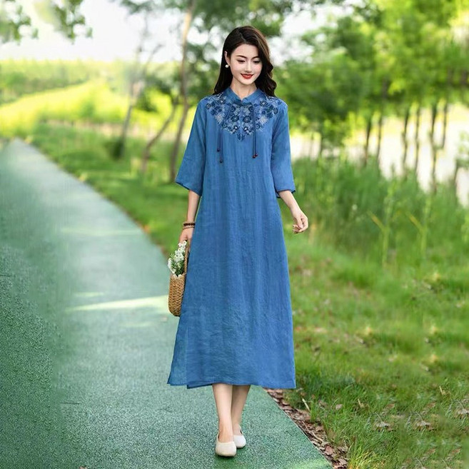 ORZQU 여성 여름 문예 자수 반팔 원피스 중년 여성 면 린넨 루즈핏 빅사이즈 원피스 여름 원피스