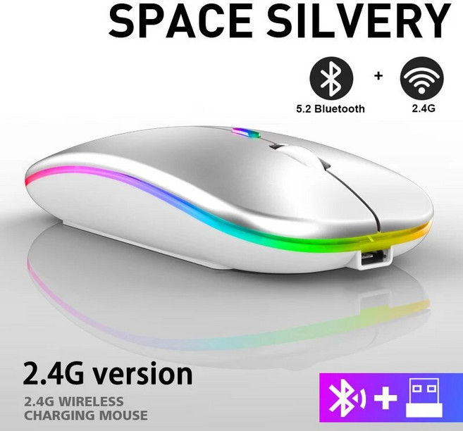 무선 RGB 충전식 블루투스 마우스 컴퓨터 LED 백라이트 노트북 PC용 인체 공학적 게이밍 3600DPI, 04 Silver