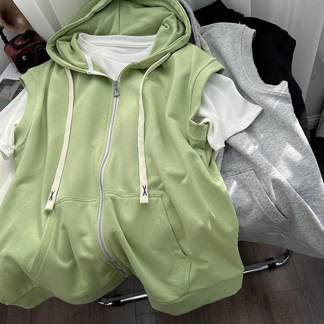 빅사이즈 남녀공용 후드집업 베스트 루즈핏 심플 무지 오버핏 민소매 아우터 조끼