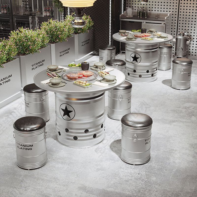 연탄 테이블 야외 고기불판 농막 베란다포차 업소용 바베큐 포장마차 삼겹살 숯불 화로 포차 조개구이 옥상 테라스 스테인리스 스틸 바비큐 테이블 일체형 그릴 인덕션 숯불 구이용 업소용, 저장 의자, 00x00x00