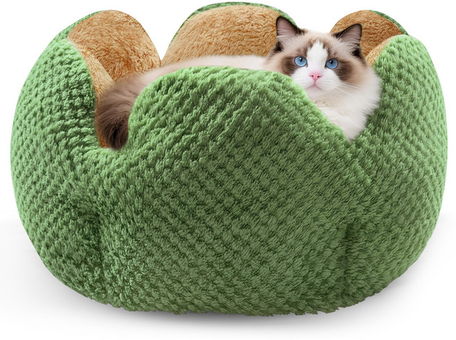 [Spring Blossoms] 선인장 모양 반폐쇄형 고양이 침대 - 탈착식 매트 포함 고양이가 안심하고 편안히 자는 따뜻한 플러시 펫베드, 1개, 초록색