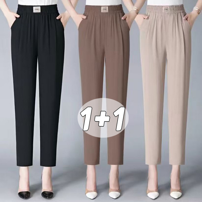 1+1 중년여성 스판 밴딩 배기바지 하이웨스트 아이스 얇은 캐주얼 슬랙스 9부바지