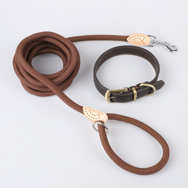 모즈펫 강아지 가죽목줄+리드줄, 1세트, 베이직 다크브라운