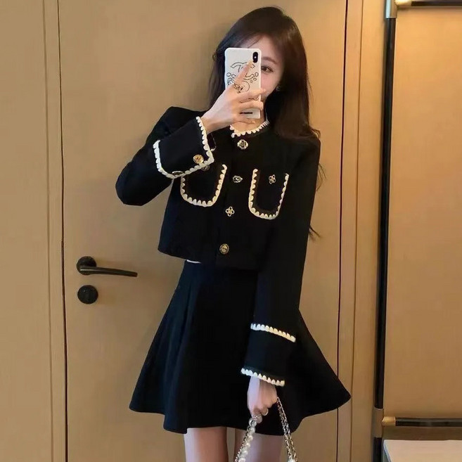 여성 트위드 세트 캐주얼 봄 가을 긴팔 숏 라운드 자켓 + 하이웨스트 미니 스커트 상하의 투피스 기질 소향풍 투피스 세트 CY