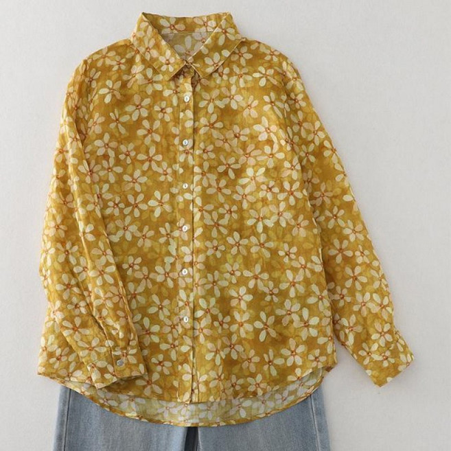 COSYEVNO 여성 면마 셔츠 가을 프린트 루즈핏 날씬해 보이는 패션 패션 편안한 긴팔 상의 LFHnscs-6