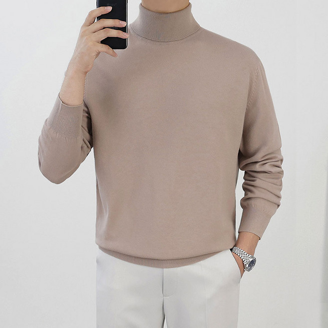 로코비전 남성 목폴라 니트 캐시미어 터틀넥 오버핏 부드러운 스웨터