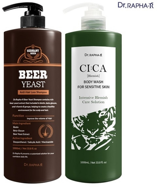닥터라파알 [닥터라파알] 독일산 맥주효모 탈모 샴푸 1L + 시카 케어 바디 워시 모발 볼륨 개선 깔끔한 세정력, 상세페이지참조, 2개
