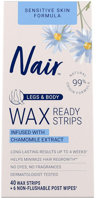 네어 민감성 헤어 리무버 잡동사니 없는 왁스 준비 스트립 다리 및 바디 이지 피부 캐모마일 추출물 피부과 전문의 테스트 완료 6가지 사후 물티슈 40개 포함, 1_40 Count (Pack of