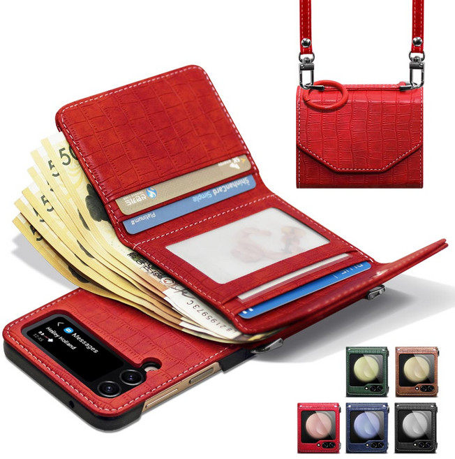 Z플립 7 6 5 4 3 지갑형 대용량 현금 수납 카드4장 수납 손목 어깨 스트랩 핑거링 힌지보호 제이콥스타일 정품 폰케이스 갤럭시 제트 PU 악어 가죽 패턴 지폐 핸드폰 케이스
