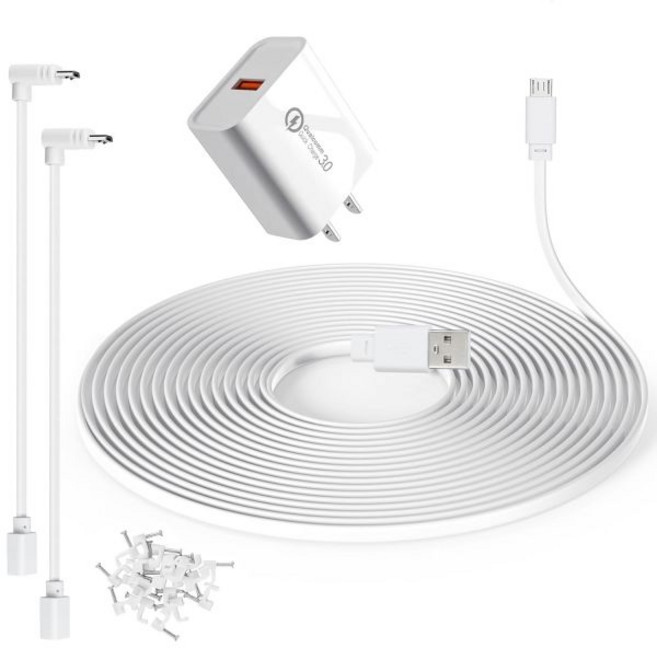 50피트 카메라 연장 케이블 Wyze Cam v4 Pan v3 OG 및 Pro용 야외 충전 L자형 어댑터 18W 전원 포함, White, 1개