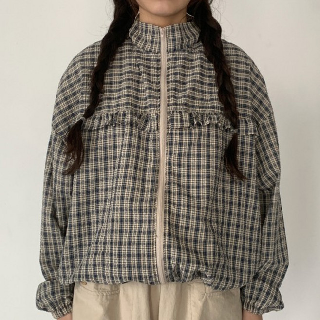 체크아노락 키치 하이넥 집업바람막이 프릴점퍼