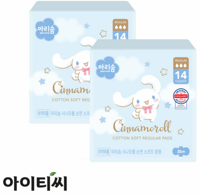 마리솜 시나모롤 순면 소프트 중형 생리대(14입)X2팩, 14개입, 2개