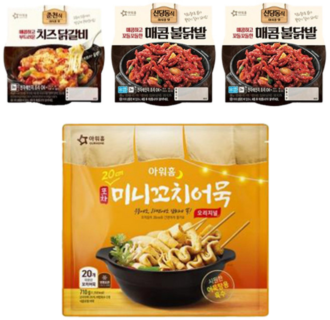 아워홈 포차 미니꼬치어묵 오리지널 710g 1개 + 치즈닭갈비 170g 1개 + 매콤불닭발 200g 2개, 꼬치어묵 1개 치즈닭갈비 1개 닭발 2개