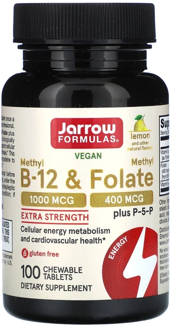 Jarrow Formulas 비건 메틸B-12 & 메틸엽산 엑스트라 강도 레몬 맛 츄어블 정 100정, JarrowFormulas비건메틸B12메틸엽산엑스트라강, 1개 - 쿠팡