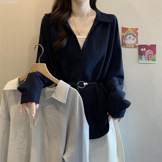 大碼韓系V領長袖襯衫女秋季寬鬆顯瘦上衣