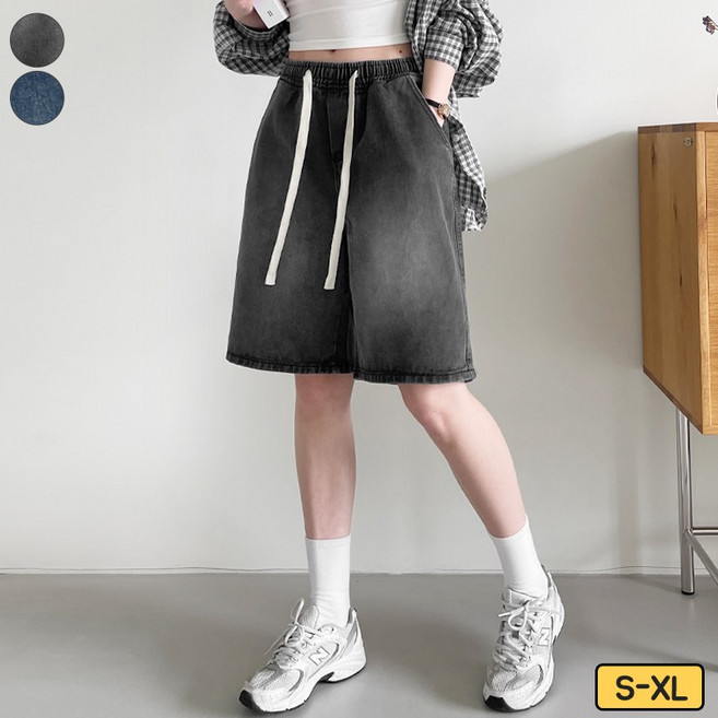 가비진 여성용 쫀쫀 허리 밴딩 워싱 데님 5부 버뮤다 팬츠 청반바지 5부바지