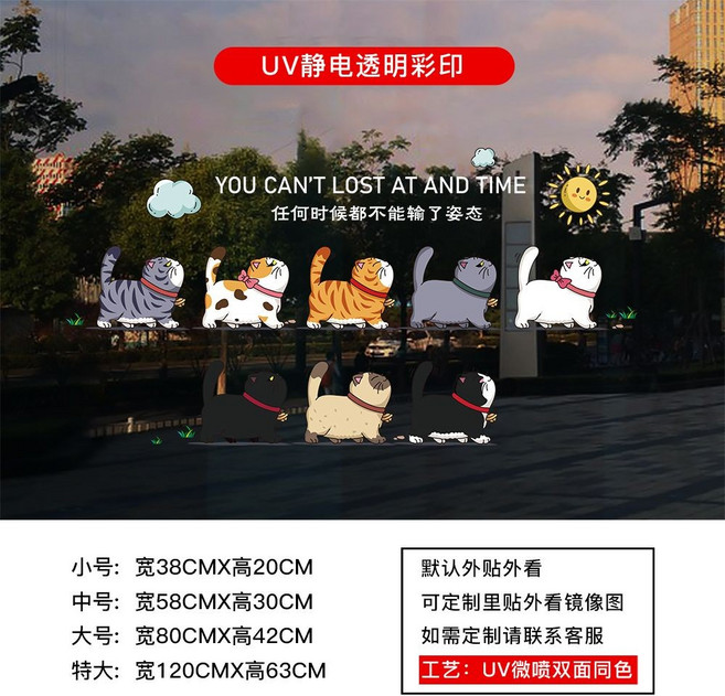 卡通貓咪玻璃貼紙窗花 櫥窗裝飾靜電門貼, UV靜電透明彩印,特大