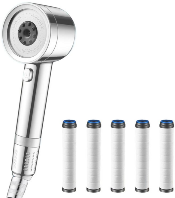 데일앤드 욕실 청소 스프레이건 4단 온오프 수압상승 조절 필터샤워기 헤드 + 교체 필터 5p 세트, 실버, 1개