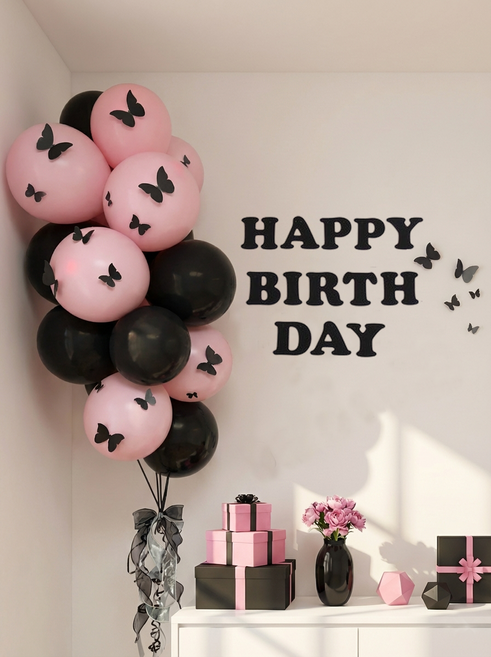 크레샤 블랙핑크 생일파티용품 헬륨효과 파티풍선세트, 1박스, 핑크나비