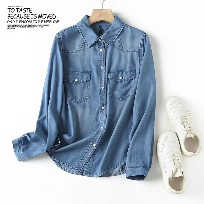 여자블라우스 여름 카라 투포켓 텐셀 데님 긴팔셔츠