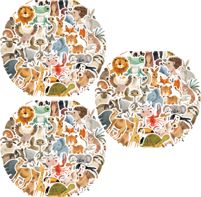 라온스티커 49매입 동물 일러스트 방수 스티커 세트, 3세트, 혼합(S2196)49P